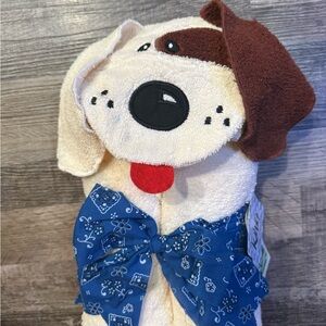 Cozy ivory and Brown Dog Towel with Blue Bow